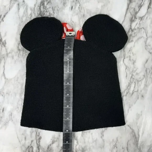 Disney Minnie Mouse Sparkle Red Bow Ears Beanie Black Winter Hat Kids One Size - Picture 4 of 8
